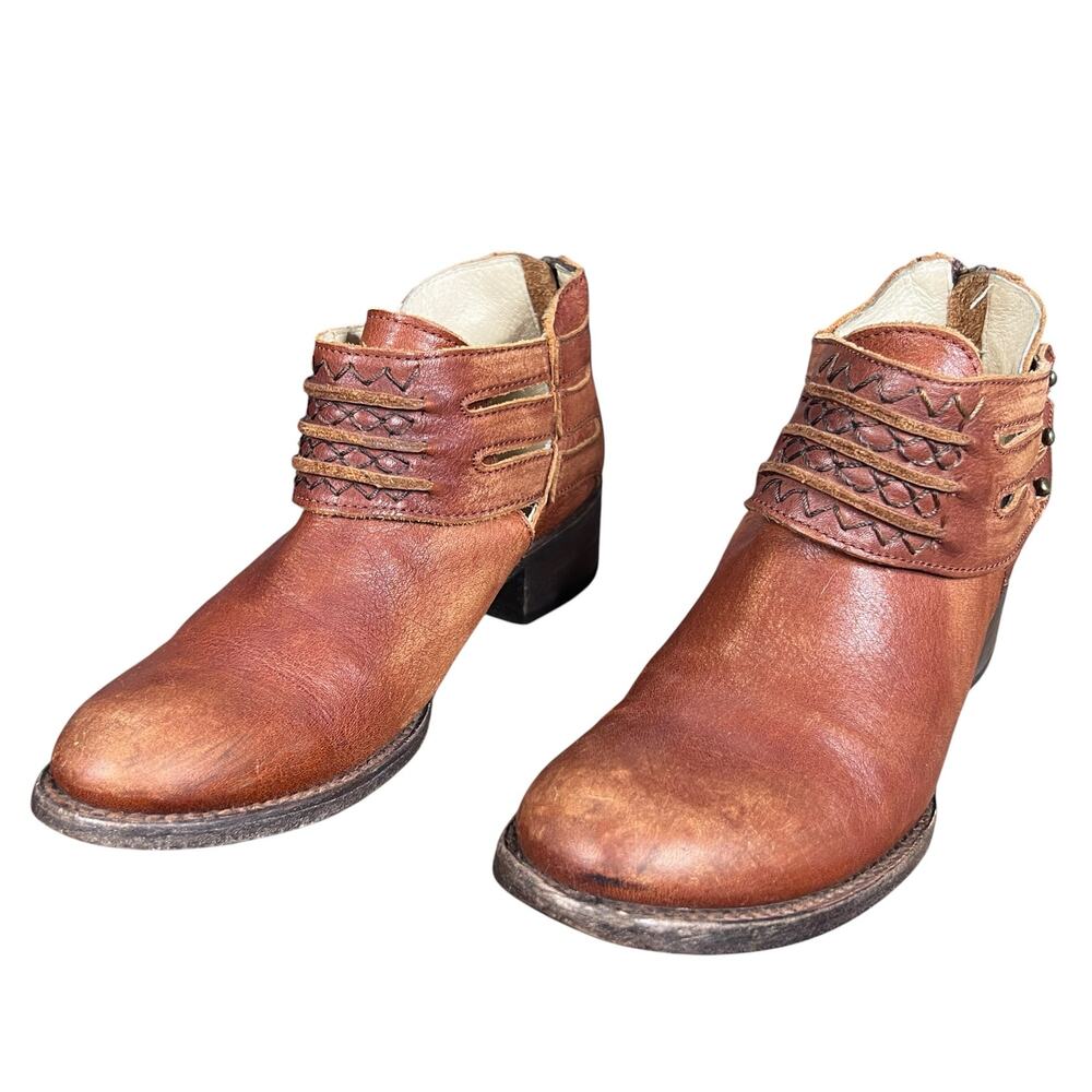 Freebird by Steven Slay Brown Distressed Leather Strappy Cutout Booties Size 8 - Picture 6 of 11